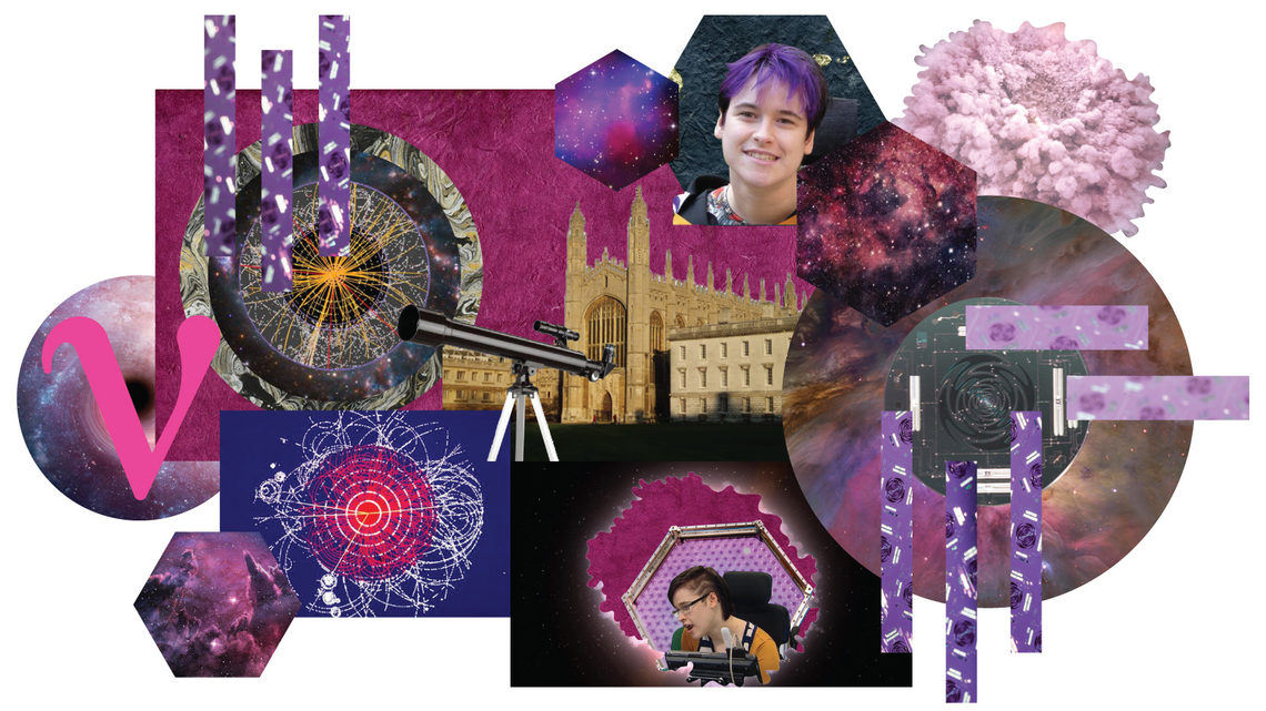 Collage of Claire Malone including: telescope, Cambridge university, neutrino symbol, dark matter, and Higgs boson images